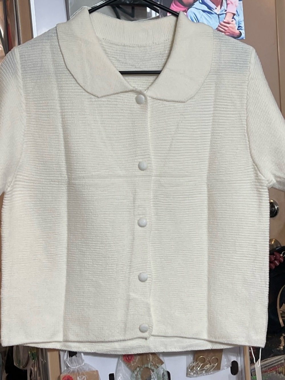 Cream Button-Front Women's Knit Cardigan with Peter Pan Collar